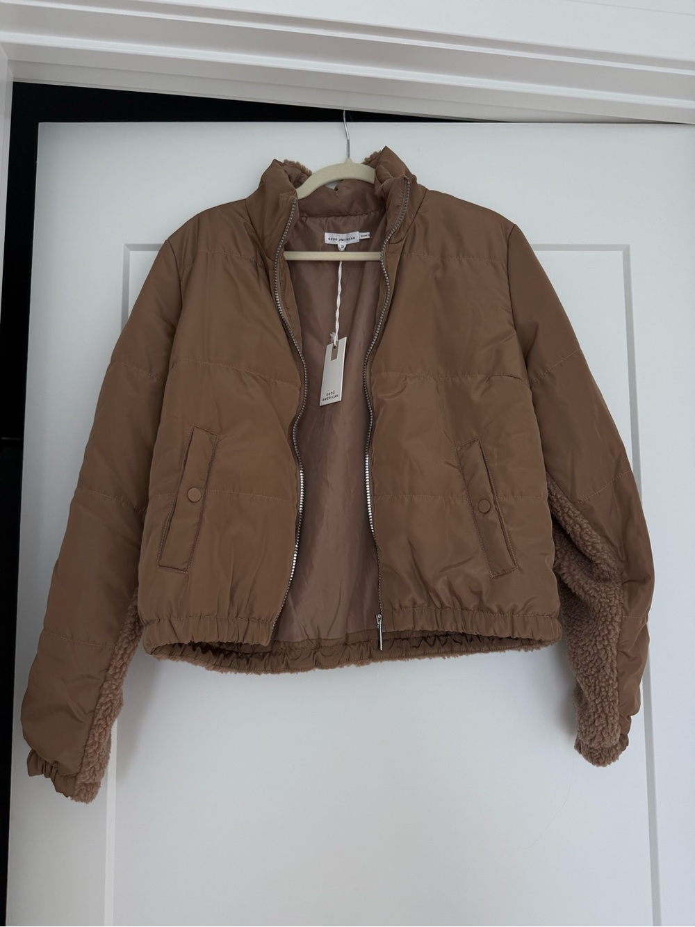 Good American Tan Brown Puffer Jacket with Sherpa Trim